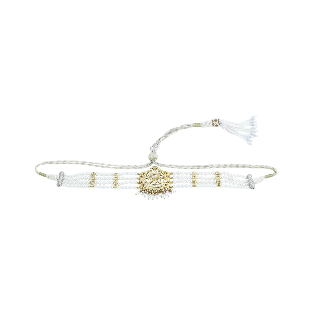 Polki Choker with Pearl Strands and Geometric Central Motif